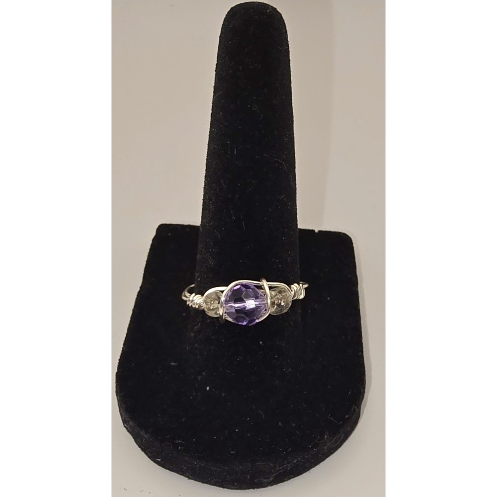 Silver‎ Tone Ring With Light Purple And Clear Beads -482